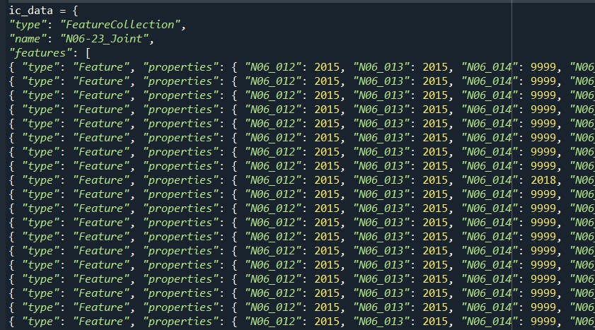 geojsonファイルをPythonプログラム上に書き出した様子