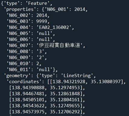 geojsonファイルをPython上で読み込んだ結果